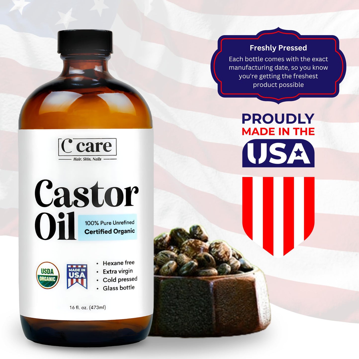 C CARE 100% Pure Organic Castor Oil, Cold Pressed & Unrefined, USDA Certified, Hexane-Free Extra Virgin Oil for Hair, Skin, Lashes & Brows, 16oz