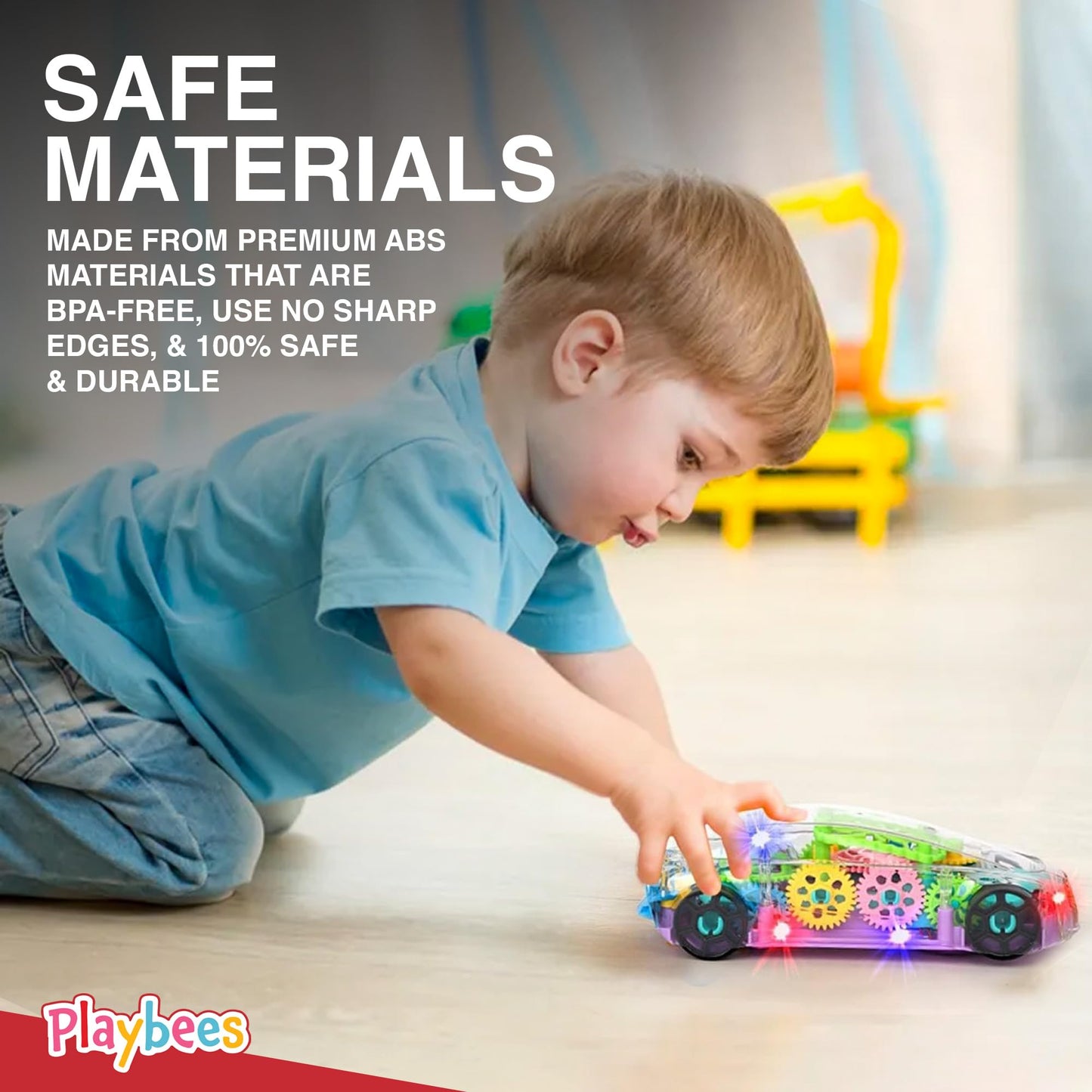 Playbees Light-Up Transparent Car Toy for Autistic Kids Ages 3-5 | Sensory Bump & Go Toy with Music & LED Effects, Toddler Gift