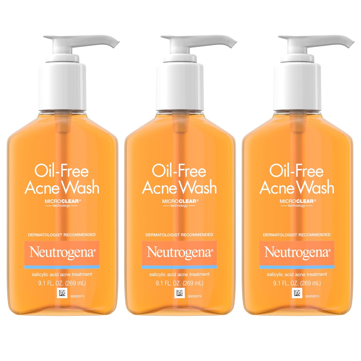 Neutrogena Oil-Free Acne Wash with Salicylic Acid, Acne Fighting Facial Cleanser, Non-Comedogenic, Residue-Free, 9.1 fl oz, 3 Pack