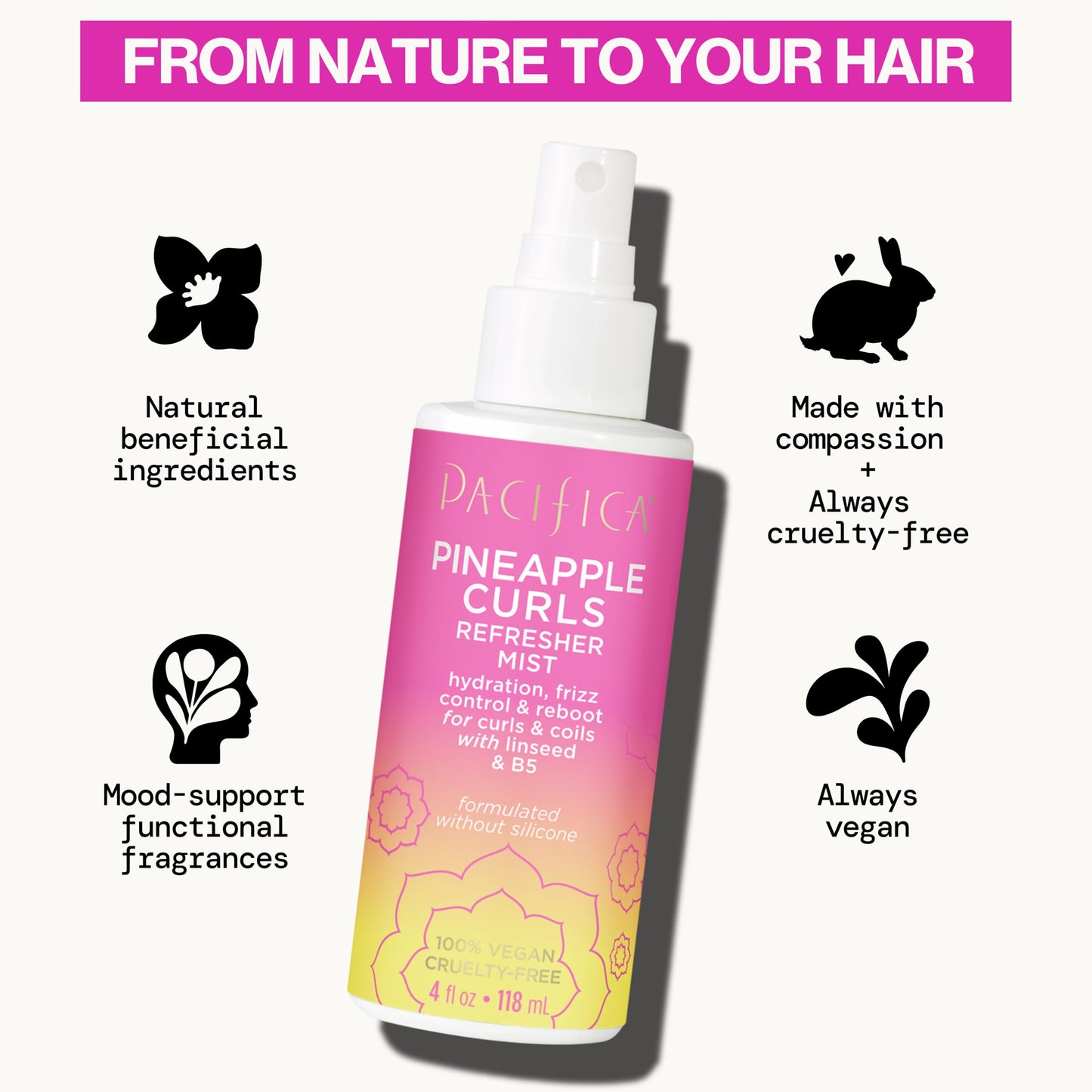 Pacifica Pineapple Curls Refresher Mist - Curl Spray with Hyaluronic Acid, Vitamin B5 & Plant Oils - Vegan, Dermatologist Tested - 4 Fl Oz