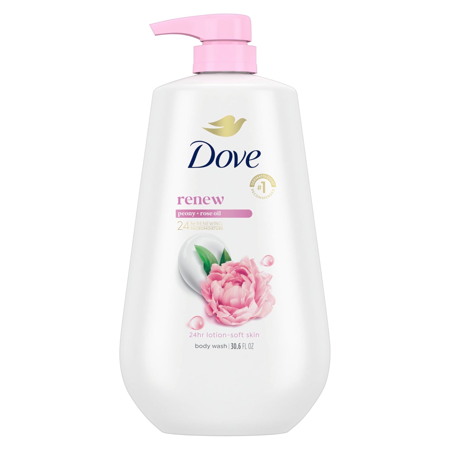 Dove Body Wash with Pump Renew Peony & Rose Oil For 24hr Lotion-Soft Skin Moisturizing Skin Cleanser with No Sulfates No Parabens 30.6 Oz