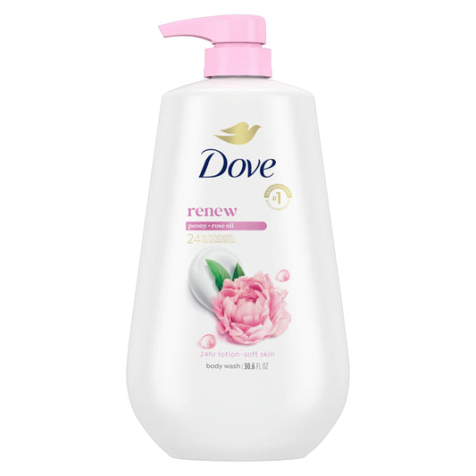 Dove Body Wash with Pump Renew Peony & Rose Oil For 24hr Lotion-Soft Skin Moisturizing Skin Cleanser with No Sulfates No Parabens 30.6 Oz
