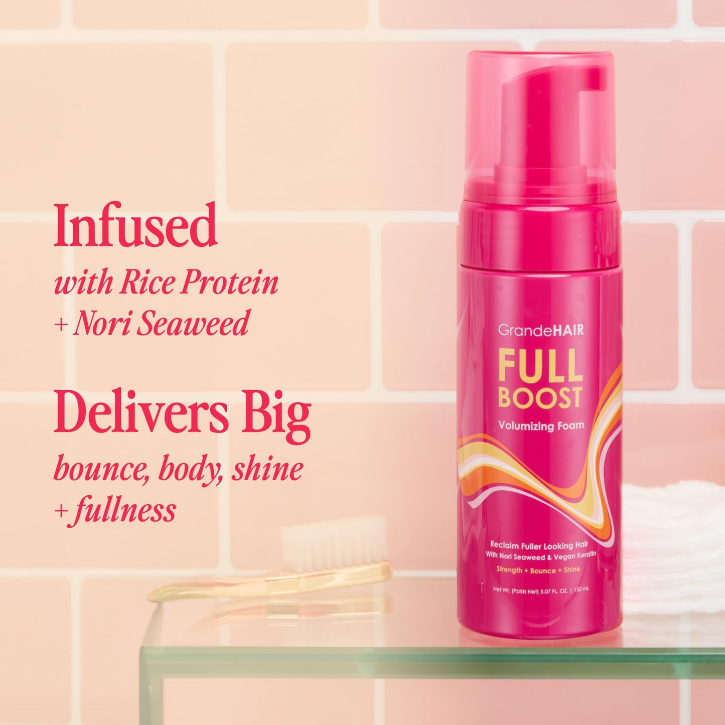 Grande Cosmetics GrandeHAIR Volumizing Foam – Instant Volume & Fuller-Looking Hair, Defines Curls, Non-Sticky Mousse, Travel Size 1.5 oz