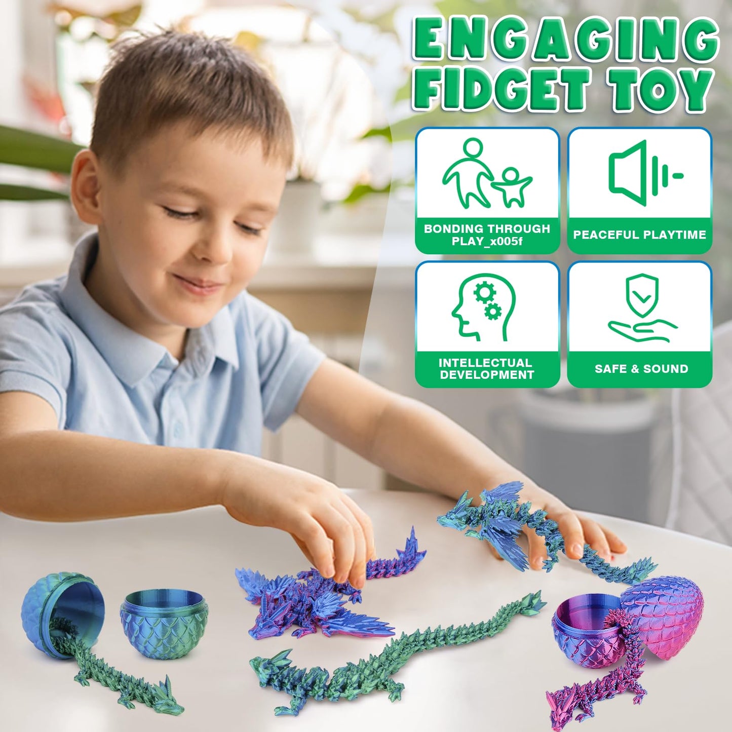 Aousin 3D Printed Dragon Eggs with 4 Dragons Inside - Swappable Wing, Flexible Articulated Magnetic Dragons Animals Fidget Toy for Kids (Purple+Blue)