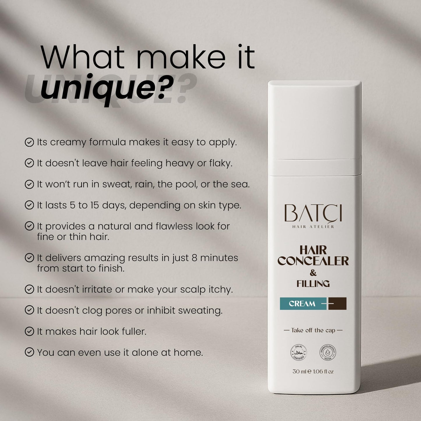 BATCI Hair Concealer for Thinning Hair – Root Touch Up & Filler Cream for Men & Women – Instantly Covers Bald Spots & Gray Roots, 30ml