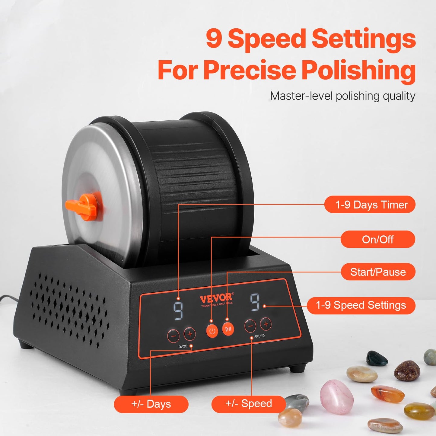 VEVOR 4 lbs Rock Tumbler Machine – 9-Speed Stone Polisher with 9-Day Timer, Direct Drive Motor, Cold-Rolled Steel, for Kids & Adults