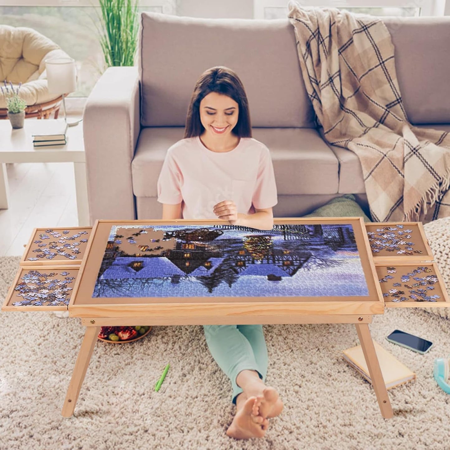 Yacona 1500-Piece Jigsaw Puzzle Board 34.3"x26.5" with 4 Drawers, Cover & Folding Legs – Portable Table for Teens & Adults, No Setup Needed
