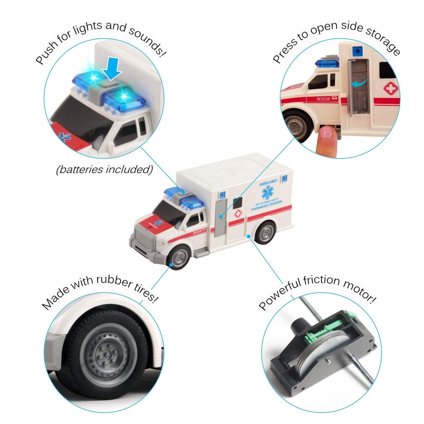 Vokodo 1:20 Scale Rescue Ambulance Toy Car – Friction Powered with Lights & Sounds, Push & Go Medical Emergency Vehicle for Kids