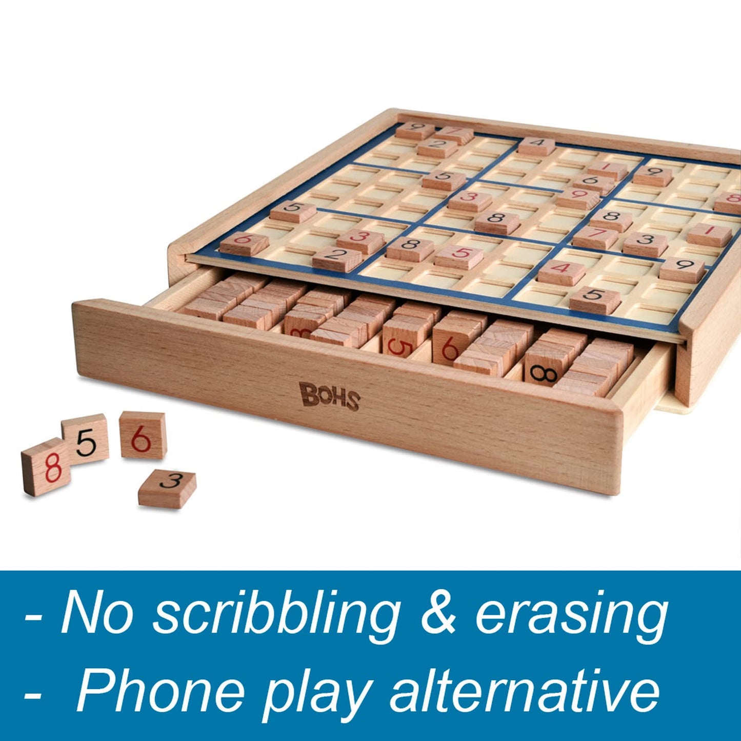 BOHS Wooden Sudoku Board Game with Drawer - with 100 Puzzles Sudoku Book for Adults - Brain Teaser Desktop Toys