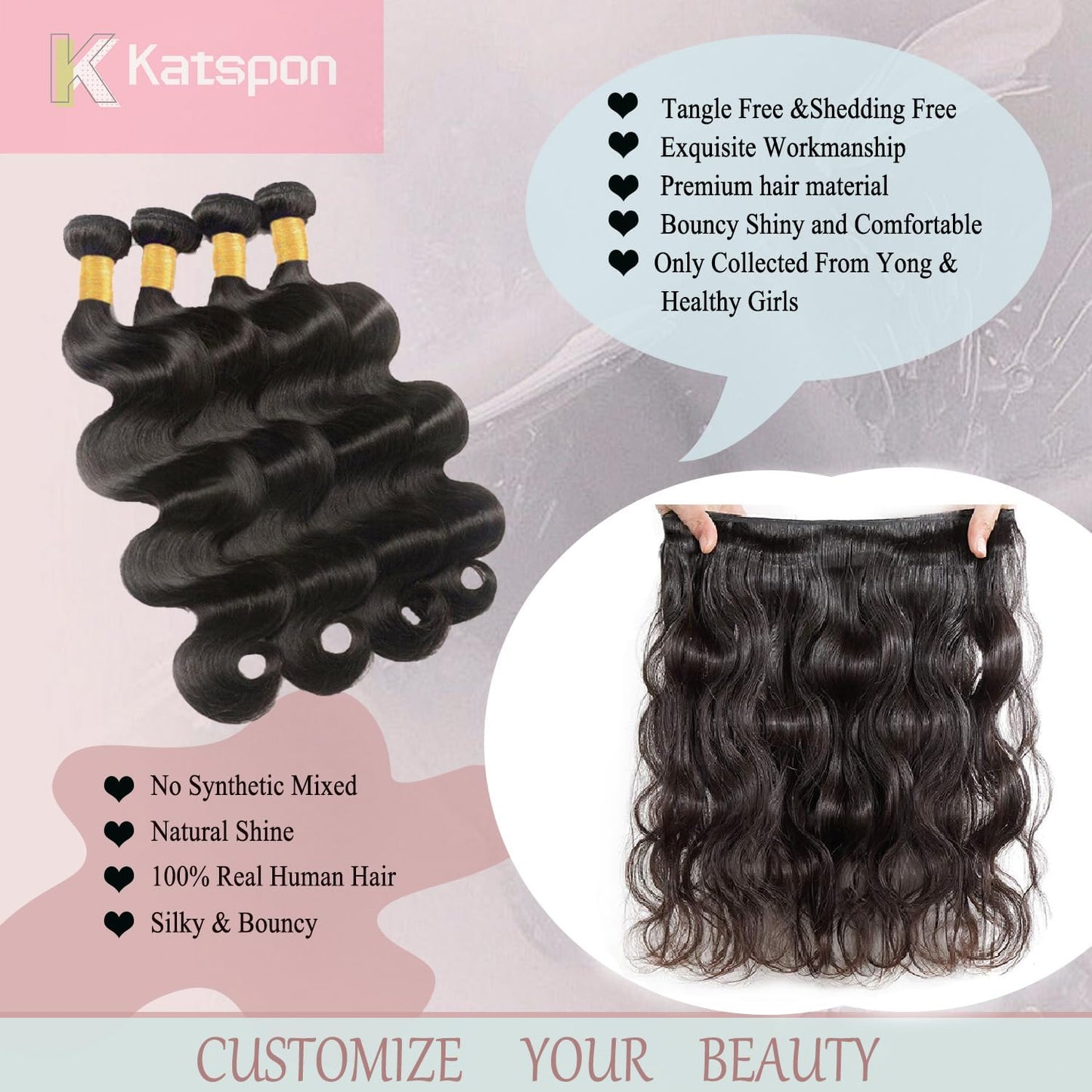 Katspon 12A Brazilian Body Wave Human Hair Bundles 20-26 Inch | 100% Unprocessed Virgin Hair Extensions, Natural Black, 4 Pack