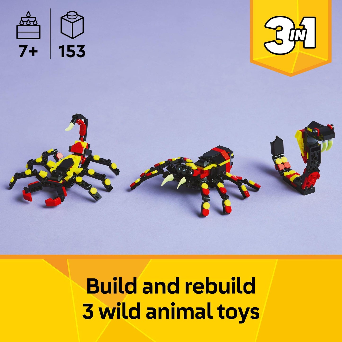 LEGO Creator 3-in-1 Wild Animals Toy – Build Spider, Scorpion, or Snake – Creative Building Set for Kids 7+, Birthday Gift Idea 31159