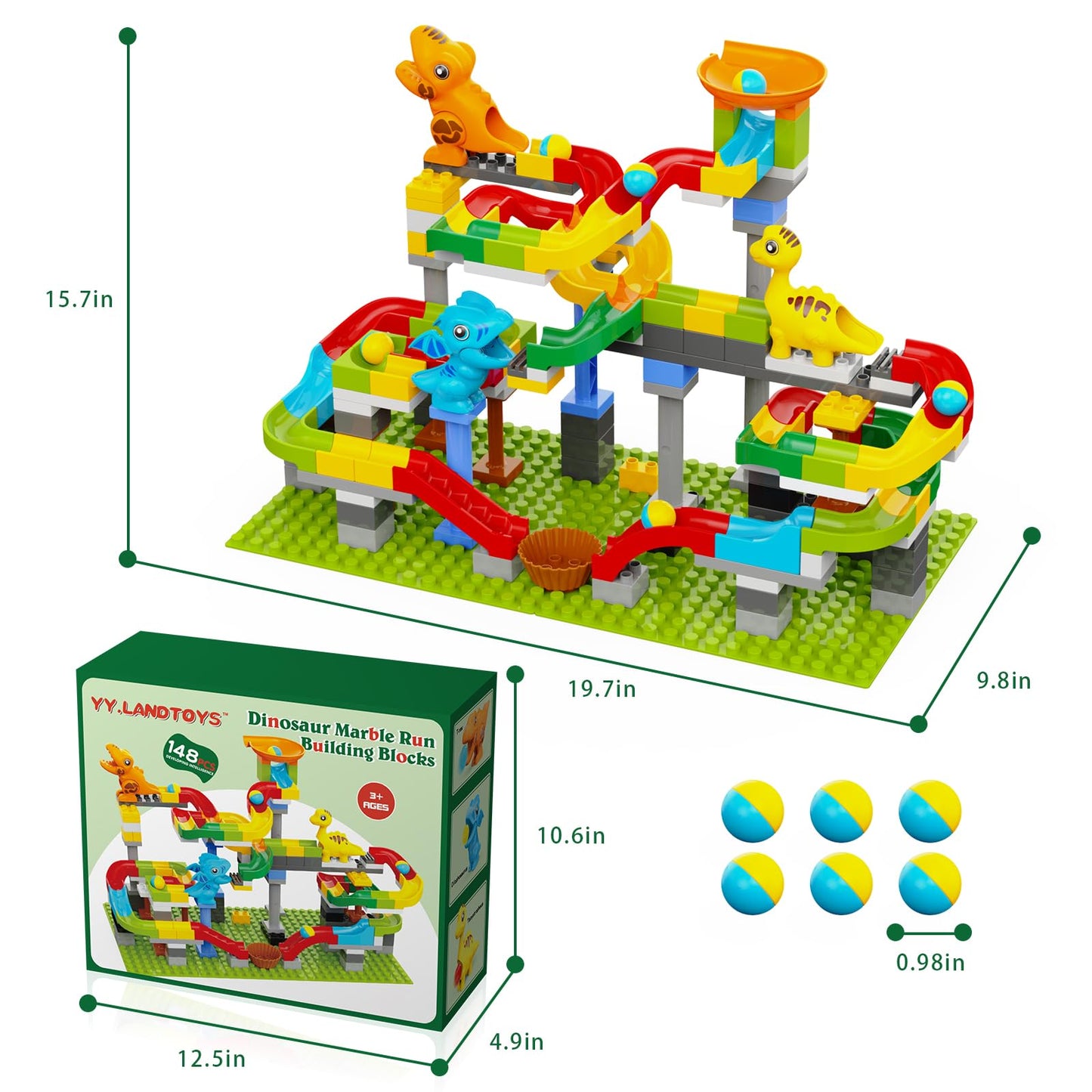 Dinosaur Marble Run Building Blocks 148PCS – STEM Learning Toy for Kids 3-8, Montessori Educational, Compatible with Lego DUPLO, Gift Idea