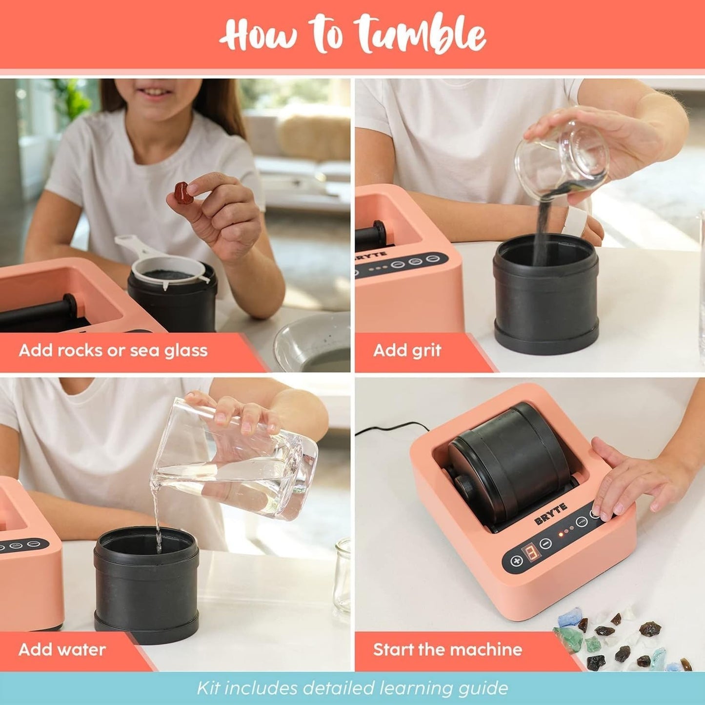 BRYTE Pink Rock Tumbler – 3 Speeds, 9-Day Digital Timer, Self-Cooling Motor, Dual Injection, Professional Polisher Kit for Kids & Adults