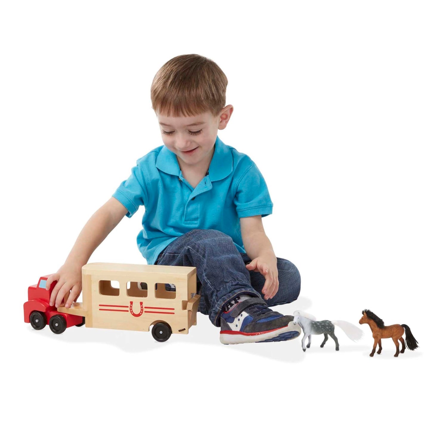 Melissa & Doug Horse Carrier Wooden Vehicle Play Set with 2 Flocked Horses and Pull-Down Ramp