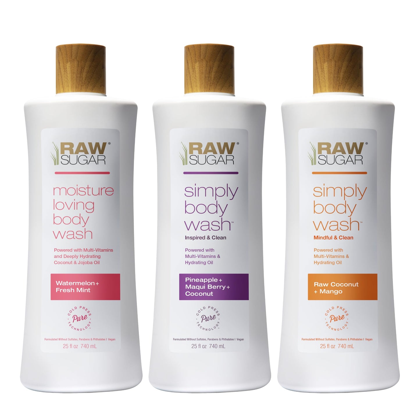 RAW SUGAR Simply Body Wash Trio 3-Pack, 25oz Each – Vegan, No Sulfates/Parabens, Coconut Mango, Pineapple Maqui, Watermelon Mint