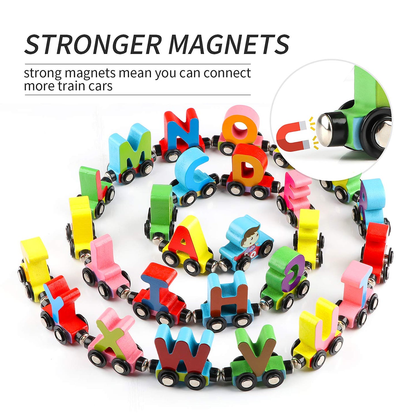 Wondertoys Wooden Alphabet Train Toy 27PCS Magnetic ABC Letters with 42 Flash Cards, Engine & Storage Box for Toddlers & Kids