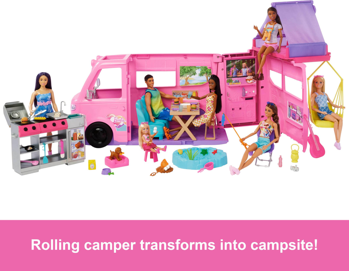 Barbie Dream Camper 2025 Playset with Roof Tent, Swing Chair, BBQ Grill, Fishing Pond, Color-Change Feature & 60+ Fun Accessories with Dough