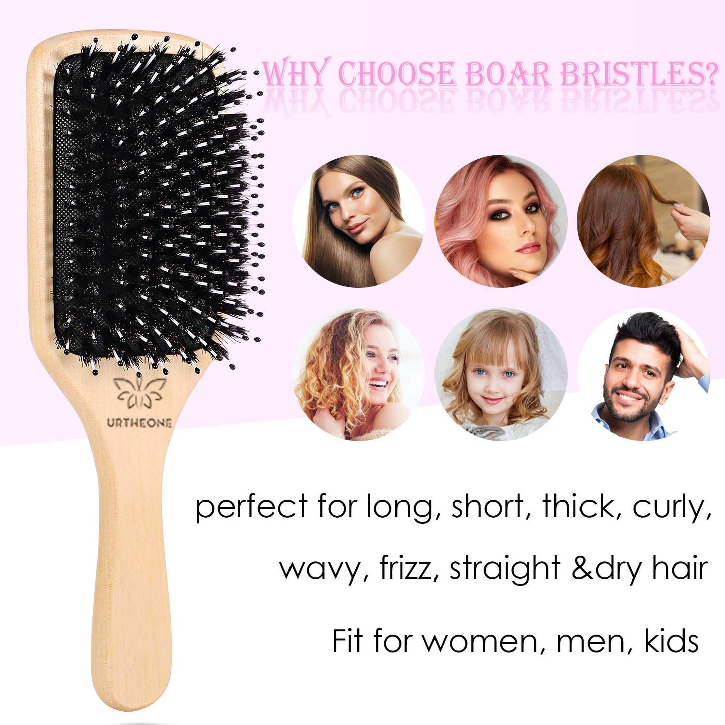 Boar Bristle Hair Brush for All Hair Types – Paddle Brush for Thick, Curly, Thin, Long, or Short Hair – Adds Shine & Smoothness – For Men, Women & Kids
