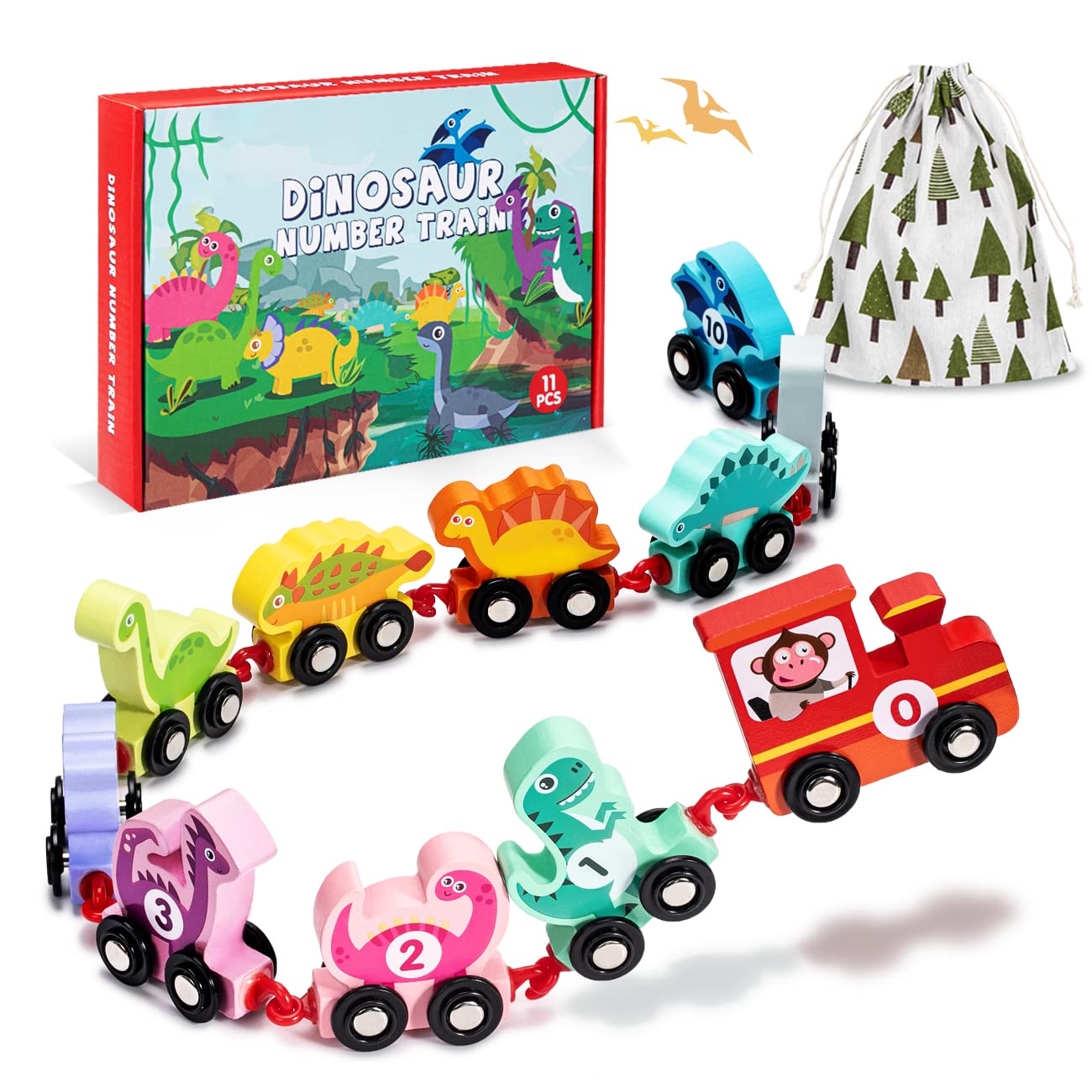 EDUJOY Wooden Dinosaur Train Set for Toddlers, Montessori Learning Toy, Easter & Birthday Gifts for Boys & Girls Ages 2-4
