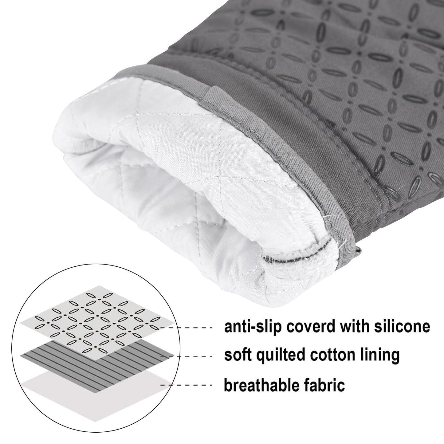 KEGOUU 6-Piece Oven Mitt & Pot Holder Set – 500°F Heat Resistant, Extra Long, Non-Slip Silicone for Cooking, Grey