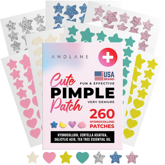 260PCS Cute Pimple Patches for Face – Hydrocolloid Acne & Blemish Stickers – Stars, Hearts, Clouds, Moons, Glitter & Regular, 7 Colors, 2 Sizes