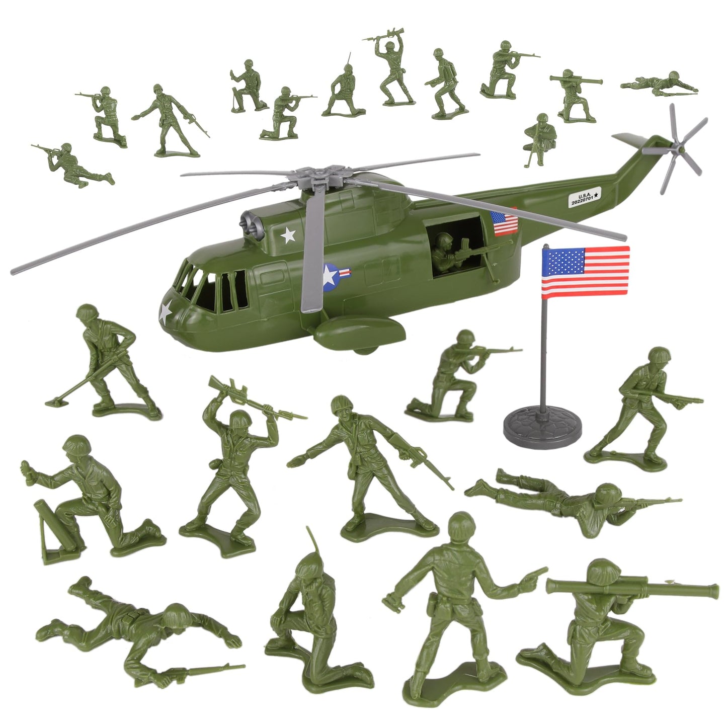 TimMee Plastic Army Men Helicopter Playset - OD Green 26pc Made in USA