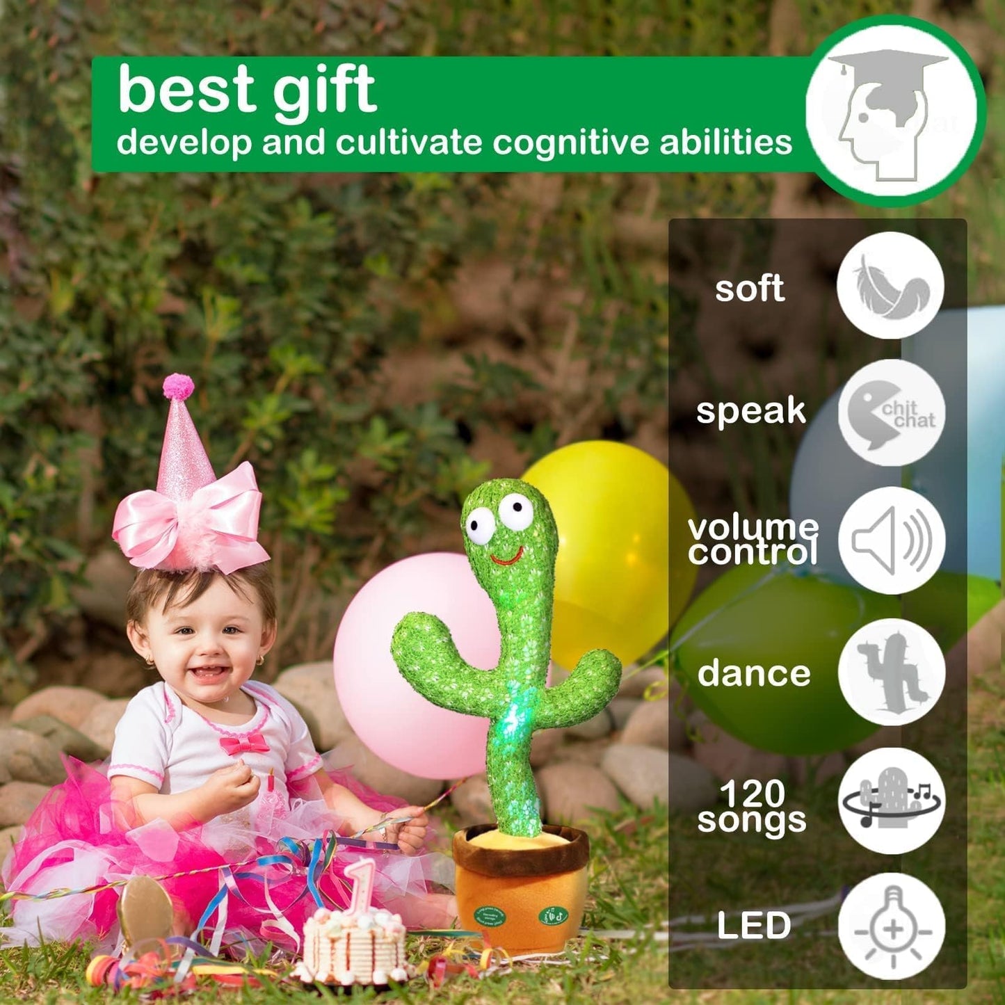Pbooo Dancing Talking Cactus Toy - 120 Songs, LED, Voice Record, Singing & Dancing Mimicking Plush Toy for Babies & Kids