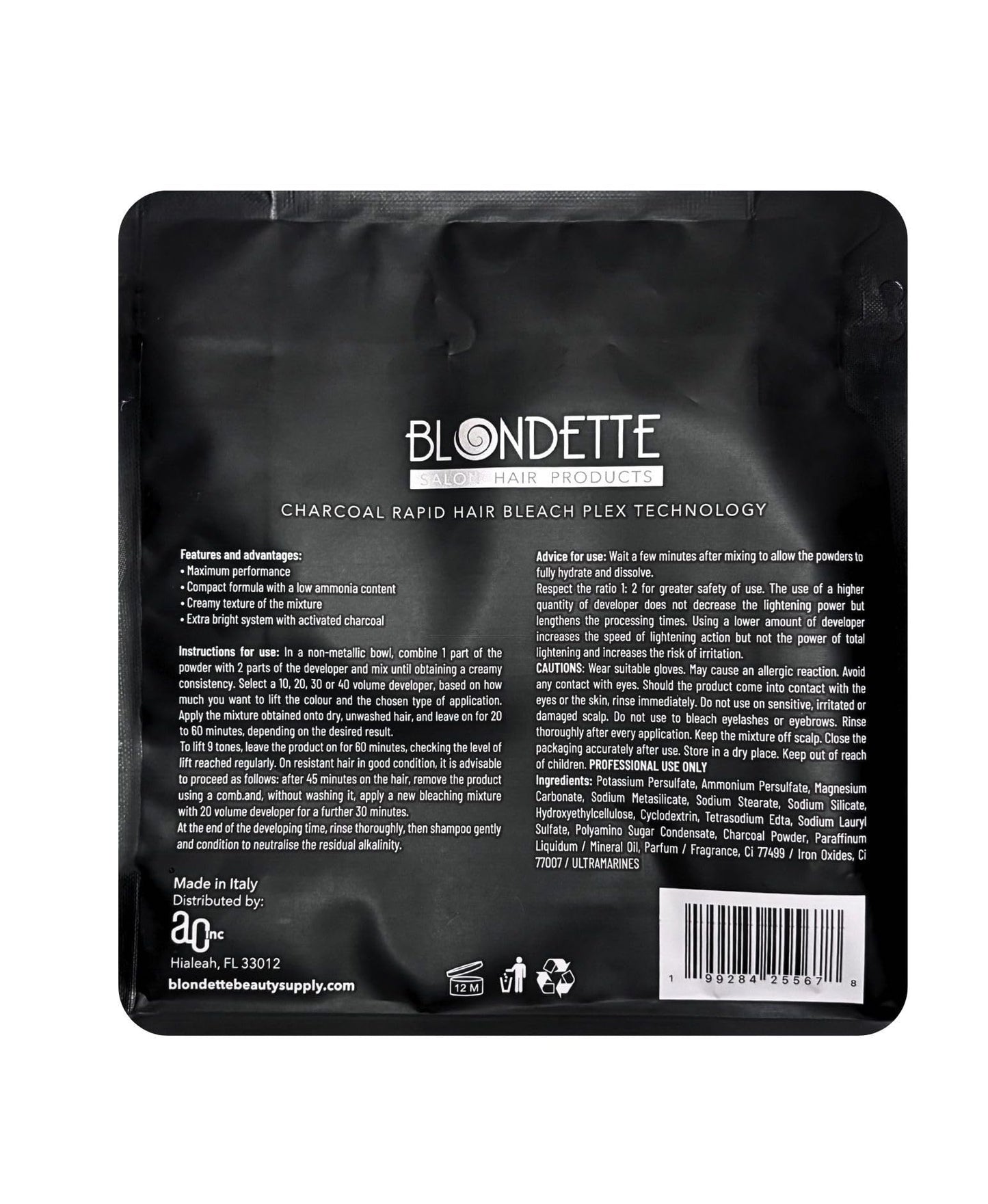 Professional Blondette Charcoal Bleach with PLEX Technology | Lifts Up to 9 Tones | Rapid Hair Lightener 460g | Made in Italy + Measuring Spoon