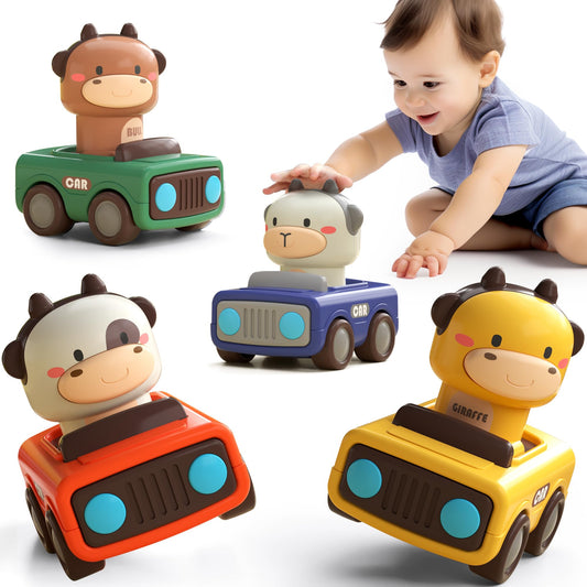 iPlay iLearn Press-to-Go Car Toys for Toddlers 6-18 Months, Baby Animal Racing Cars, Push & Go Friction Vehicle Set, 1st Birthday Gift