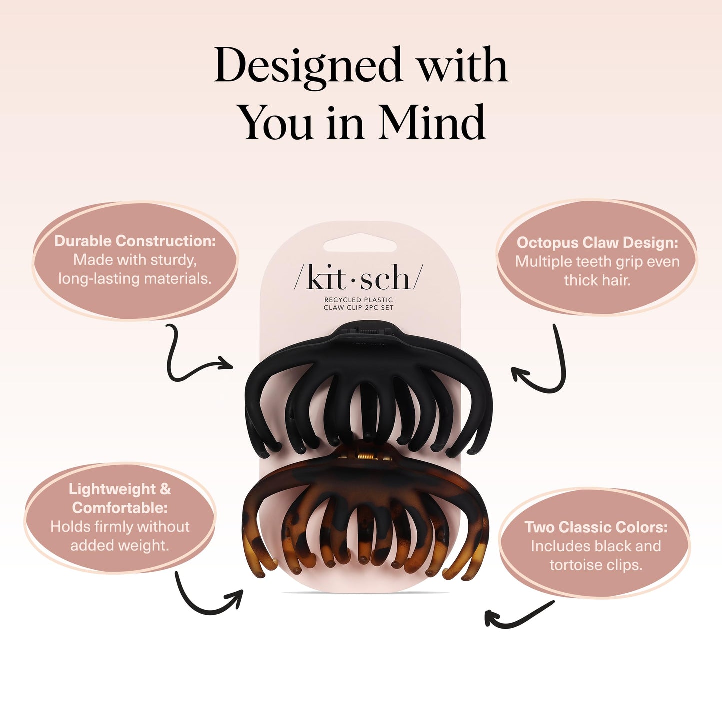 Kitsch Octopus Claw Clips for Women - Cute & Stylish Hair Clips for Everyday Use, Octopus Claw Clip for Thick Hair | Ideal Gifts for Women - Black & Tortoise, 2pcs