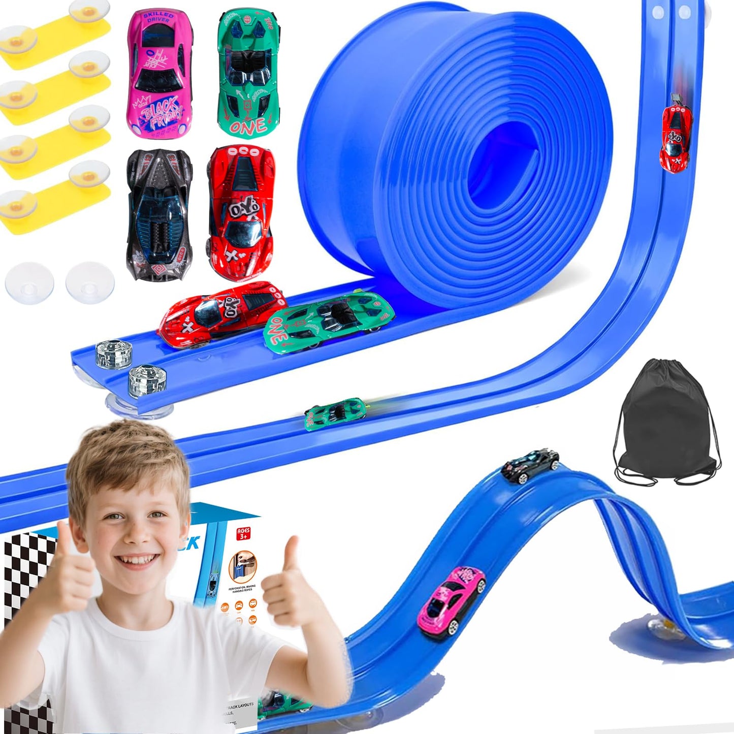 15ft Flexible Race Car Track Set for Kids with 4 Alloy Cars, Portable Bag, 10 Suction Cups, Compatible with 1:64 Scale Diecast Vehicles