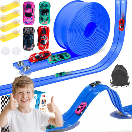 15ft Flexible Race Car Track Set for Kids with 4 Alloy Cars, Portable Bag, 10 Suction Cups, Compatible with 1:64 Scale Diecast Vehicles
