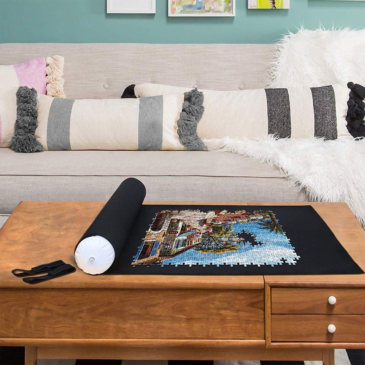 Jigsaw Puzzle Mat Roll-Up – Saver Board for 500-2000 Piece Puzzles, Storage & Transport, Premium Felt Mat with Inflatable Tube & Organizer