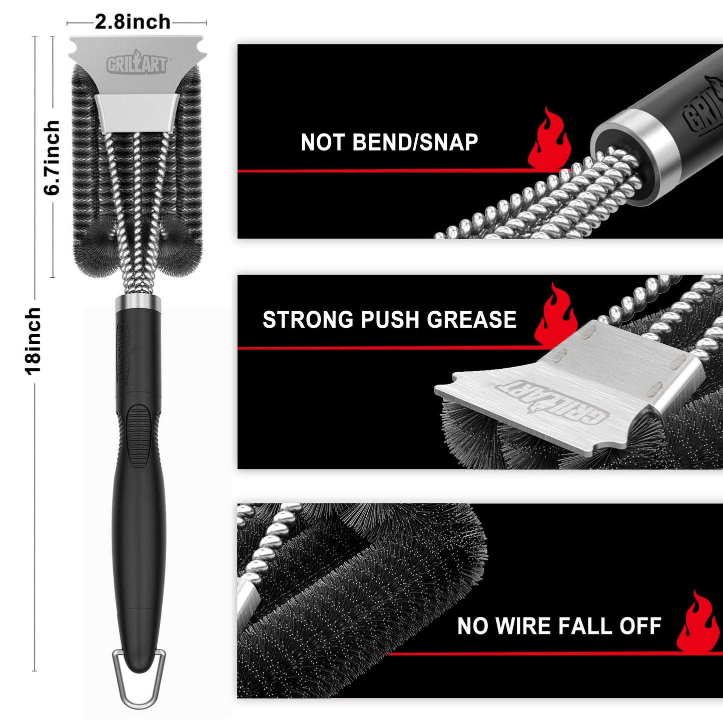 GRILLART Grill Brush & Scraper – Extra Strong BBQ Cleaner with Safe Wire Bristles for Gas & Charcoal Grills, Triple Scrubber BR-8115