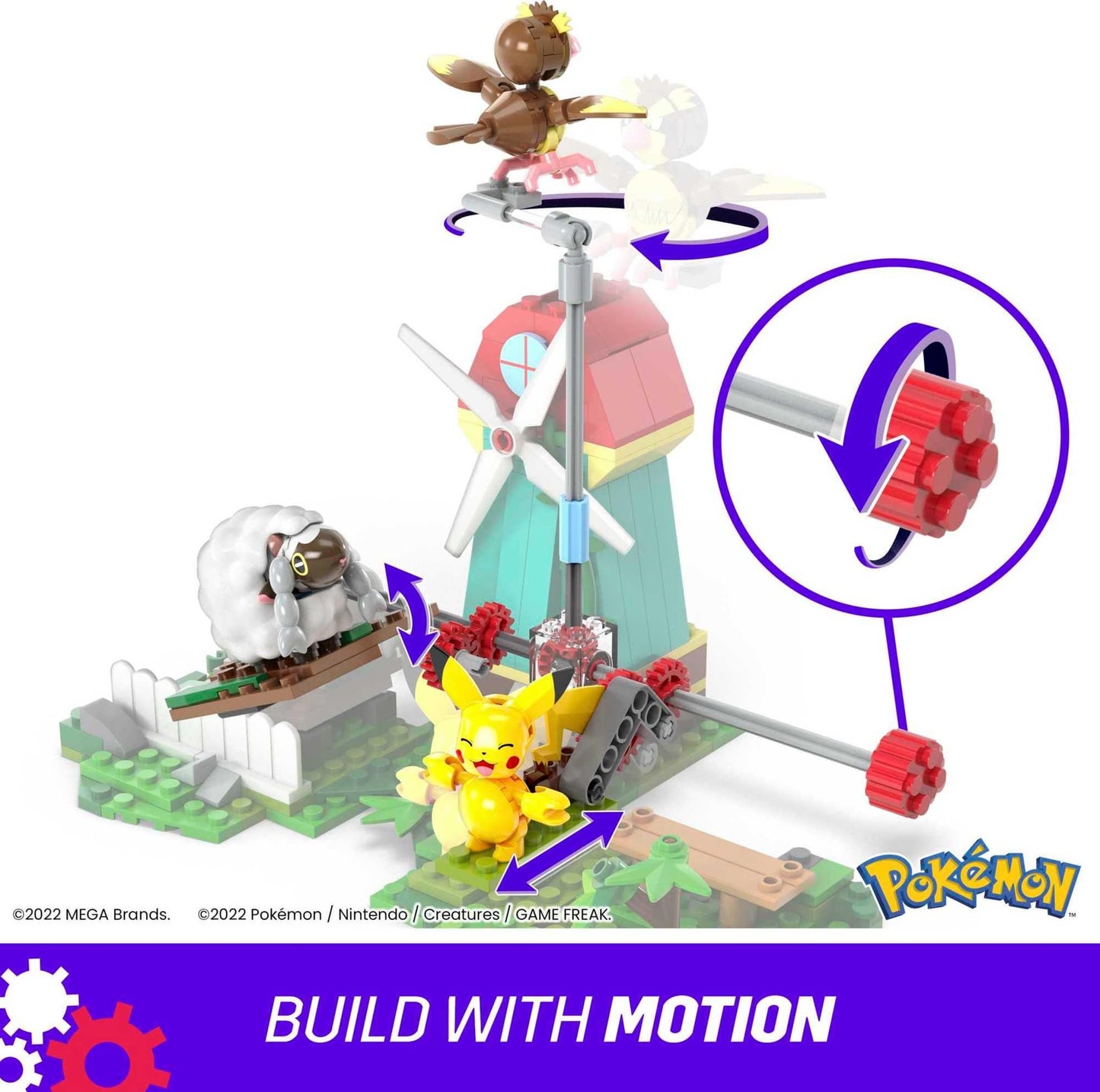 MEGA Pokemon Action Figure Building Toy Set, Countryside Windmill with 240 Pieces, Motion and 3 Poseable Characters, Gift Idea for Kids
