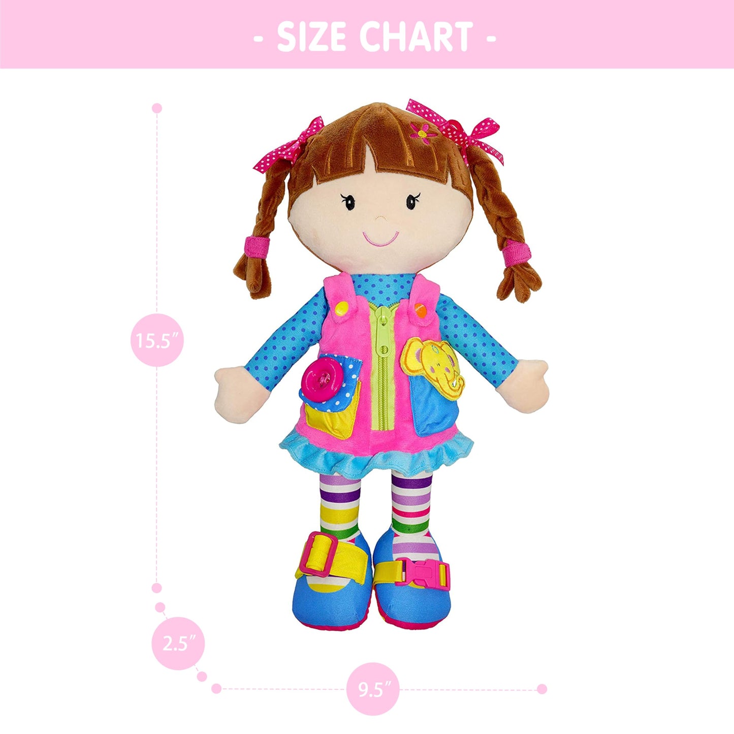 June Garden 15.5" Dressy Friends Belle - Educational Stuffed Plush Doll for Kids and Toddlers 2 Years and Up - Montessori Buckle Soft Toy