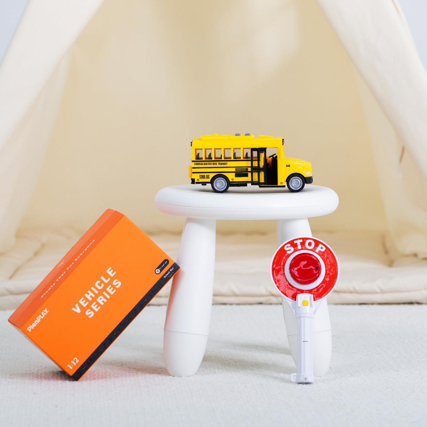 PlenPLAY Yellow School Bus Toy 1:12 Scale – Friction Powered with Lights, Sounds, Opening Doors & Stop Sign, Toddler Preschool Gift