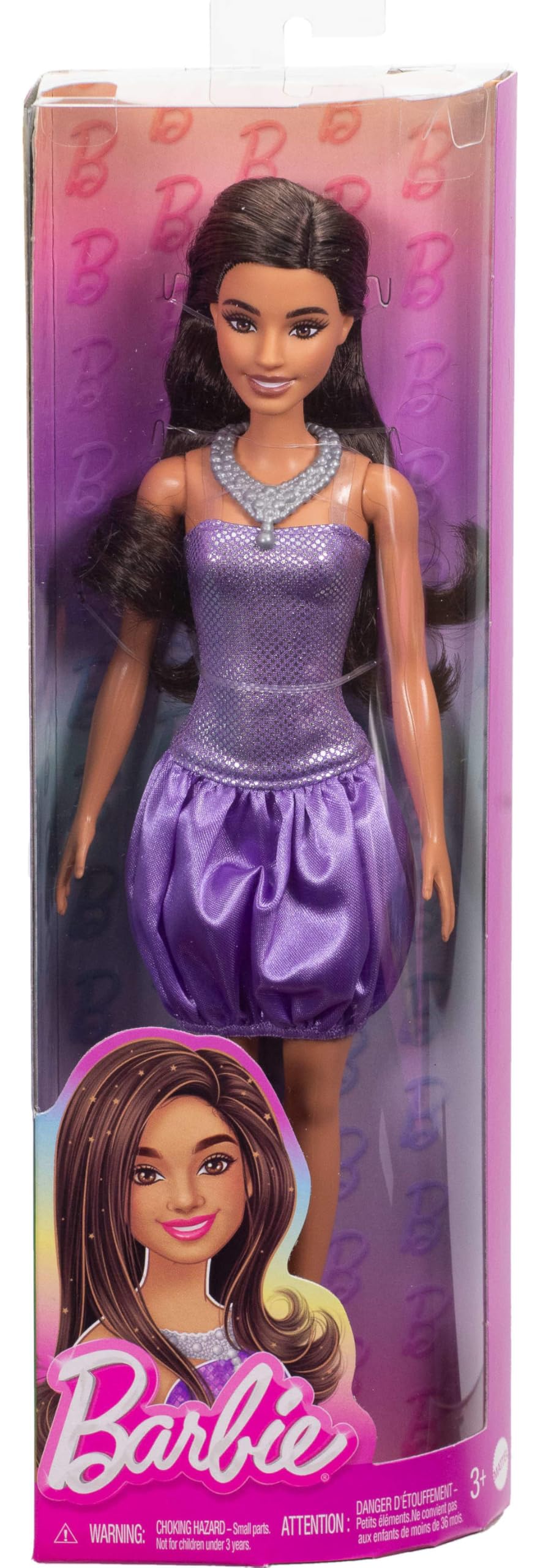 Barbie Fashionistas Doll #234 with Brown Hair, Wearing Sequined Purple Bubble Dress with Satiny Skirt, Silvery Necklace and Heels