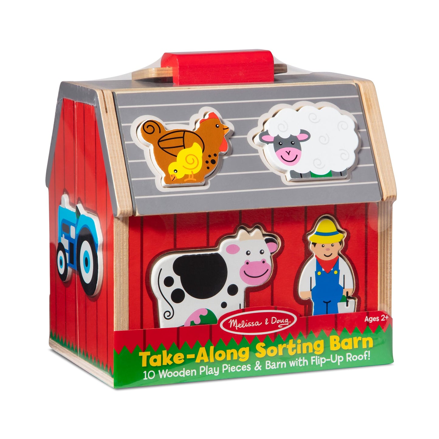 Melissa & Doug Take-Along Wooden Toy Barn, 11-Pc Portable Toddler Playset with Farm Animals & Pop-Up Roof, Preschool Learning Toys for Girls & Boys 2+