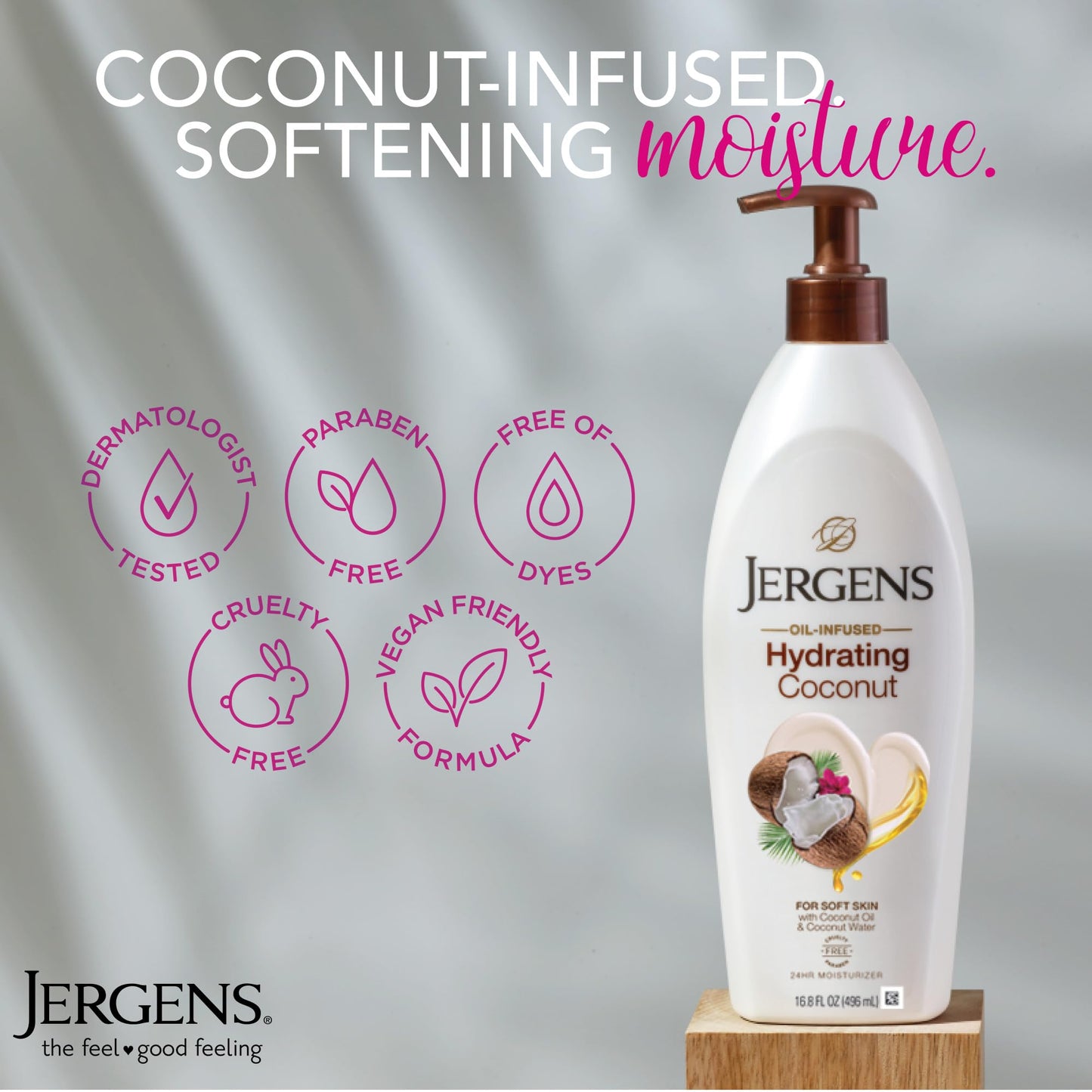 Jergens Hydrating Coconut Body Lotion, Hand and Body Moisturizer, Infused with Coconut Oil, Hydrates Dry Skin Instantly, Dermatologist Tested, 16.8 oz
