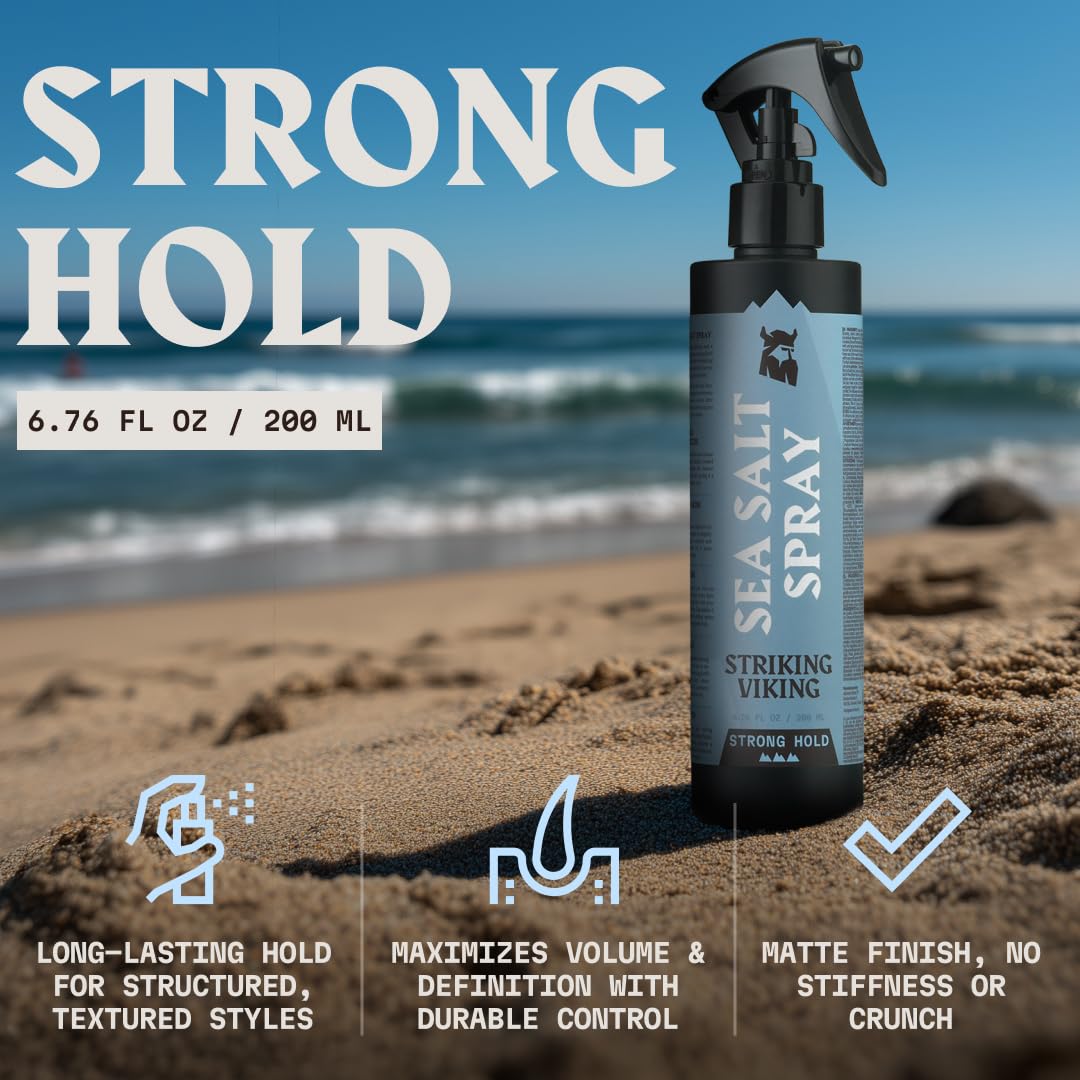 Striking Viking Sea Salt Spray for Men 6.76 fl oz – Strong Hold Volumizing Hair Spray, Texturizing & Curl Enhancing, Blue Ocean Scent, Paraben-Free