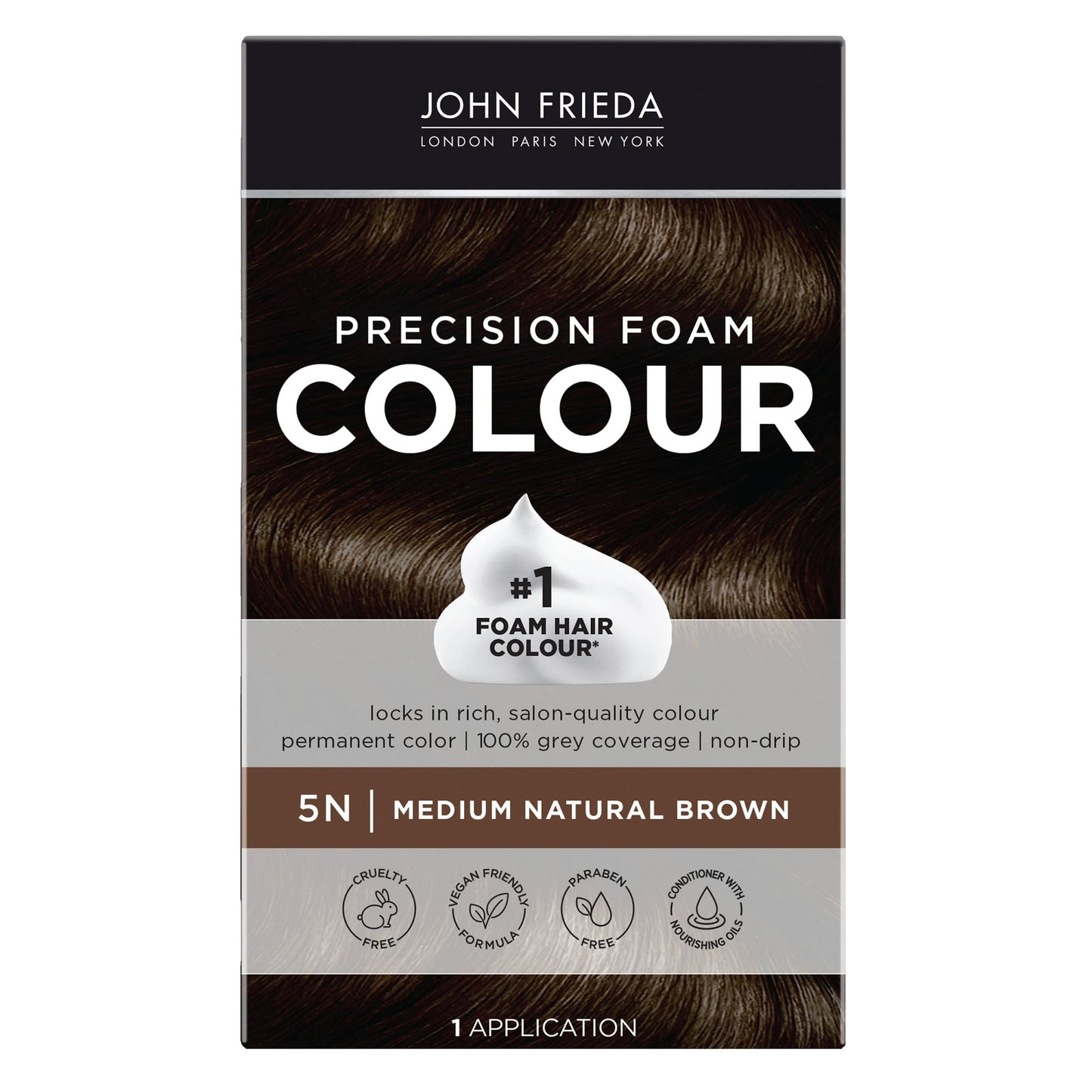John Frieda Precision Foam Hair Color 5N Medium Natural Brown – Full Gray Coverage, Anti-Fade, Deep Color Saturation, 1 Application Kit