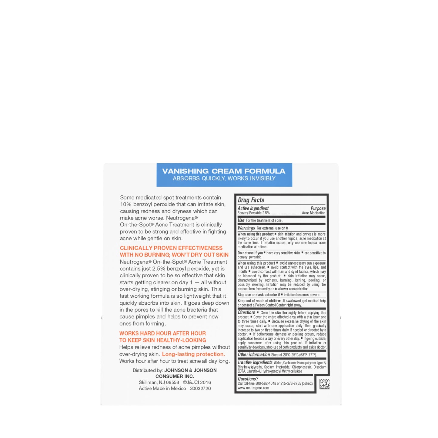 Neutrogena On-The-Spot Acne Treatment Cream, 2.5% Benzoyl Peroxide, Clinically Proven, Gentle Formula for Acne-Prone Skin, 0.75 oz