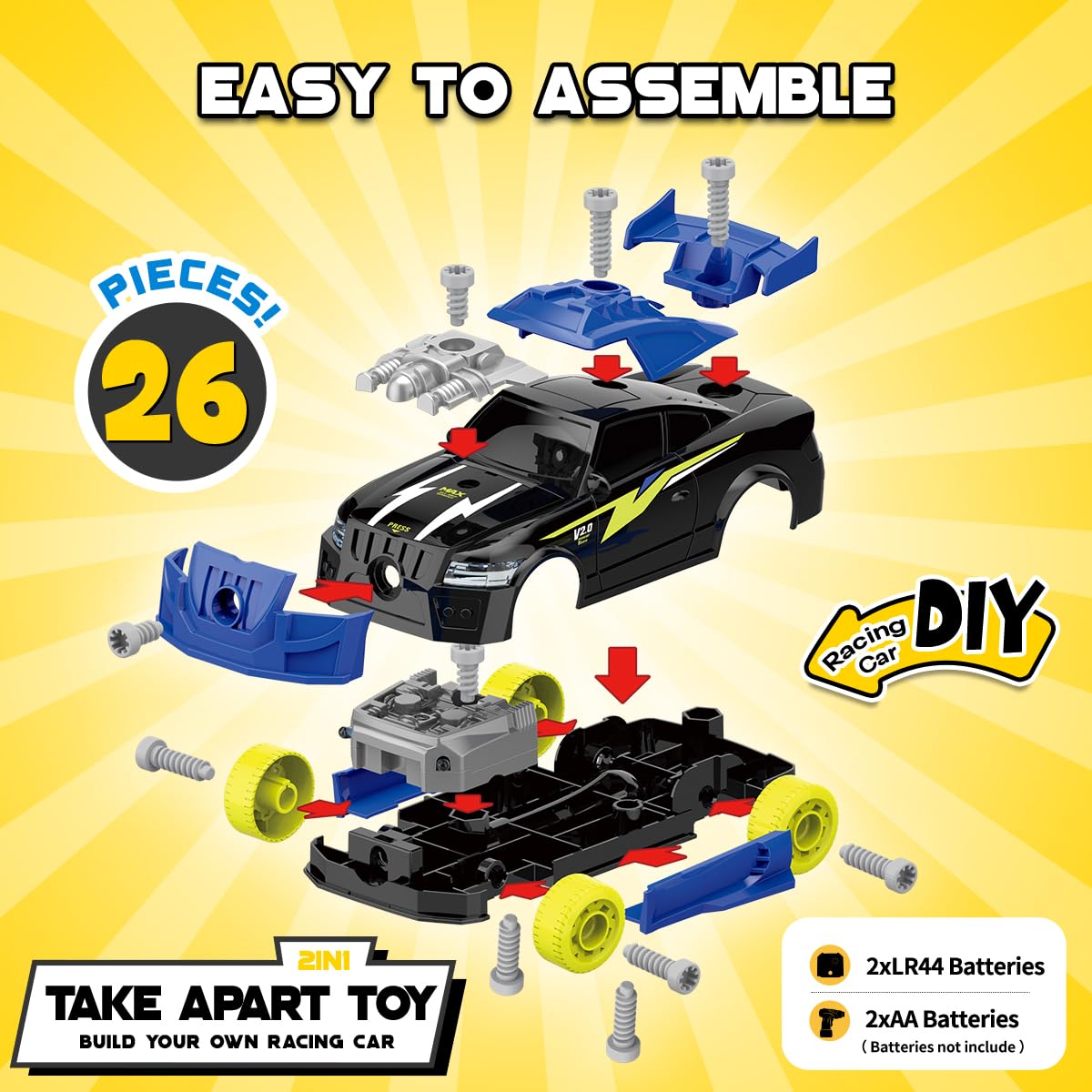 GILOBABY 26-Piece Take Apart Racing Car Toy with Drill, Lights & Sounds – STEM Building & Educational Gift for Boys Ages 3-5