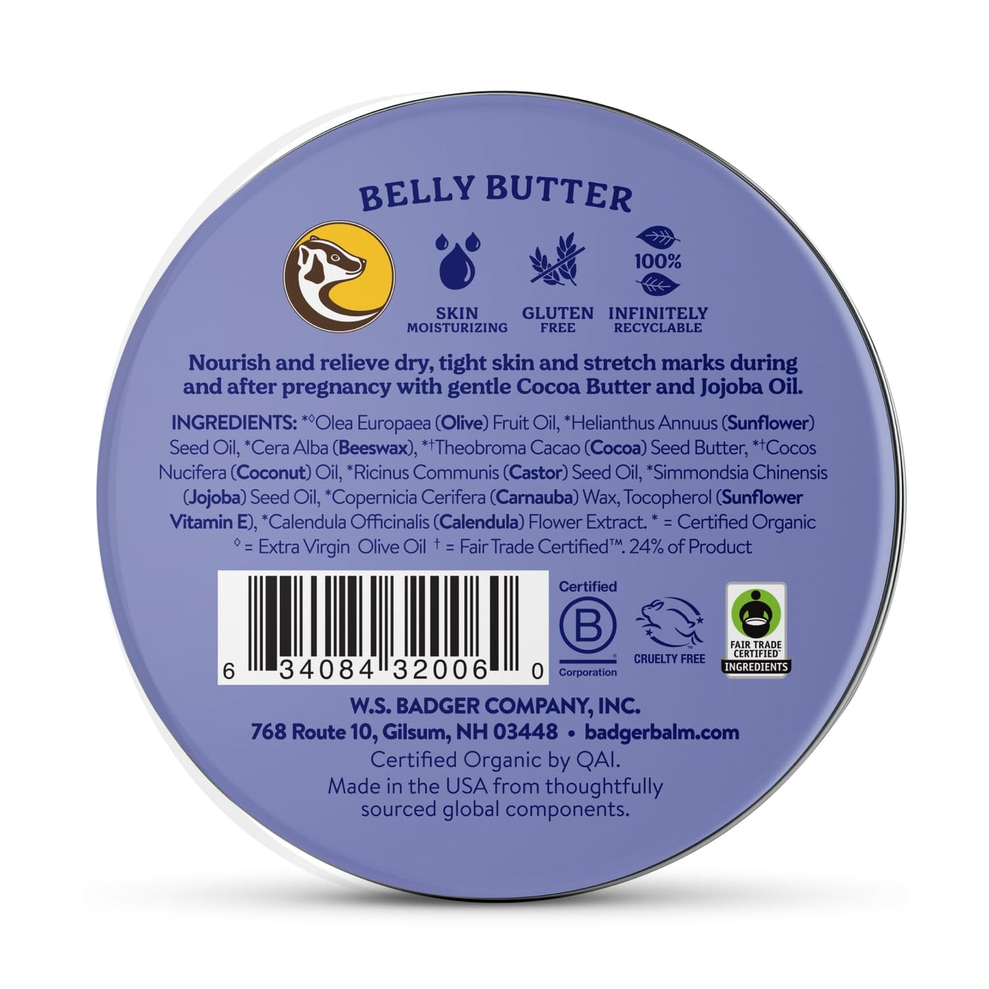 Badger Belly Butter – Organic Stretch Mark Cream for Pregnancy, Rich Cocoa & Coconut Body Butter, Hypoallergenic Moisturizer, 2 oz
