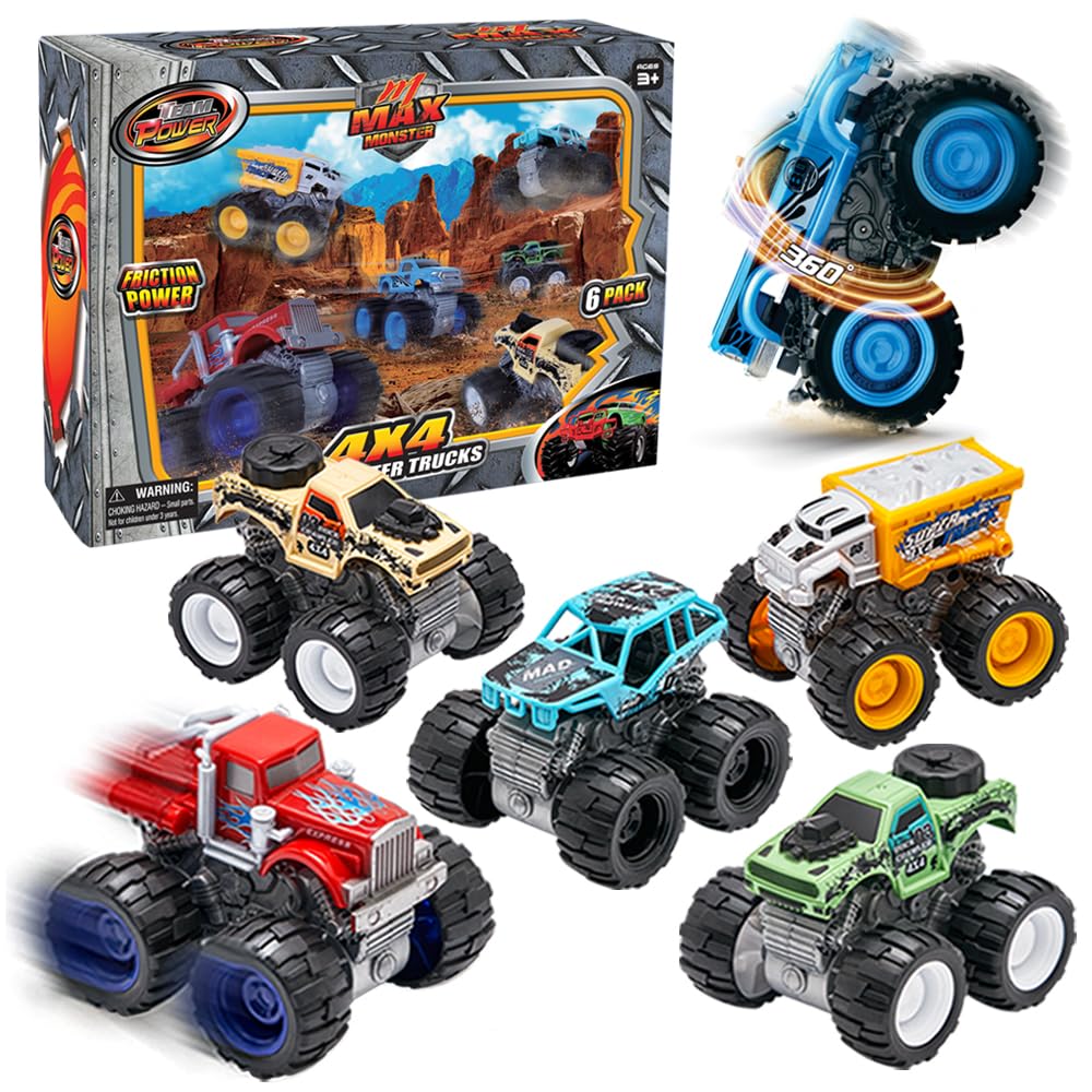 Team Power Monster Trucks 6-Pack – Friction Powered 4WD Toy Cars for Boys & Girls, Giant Wheels, 360° Stunts, Ages 3+ [Amazon Exclusive]