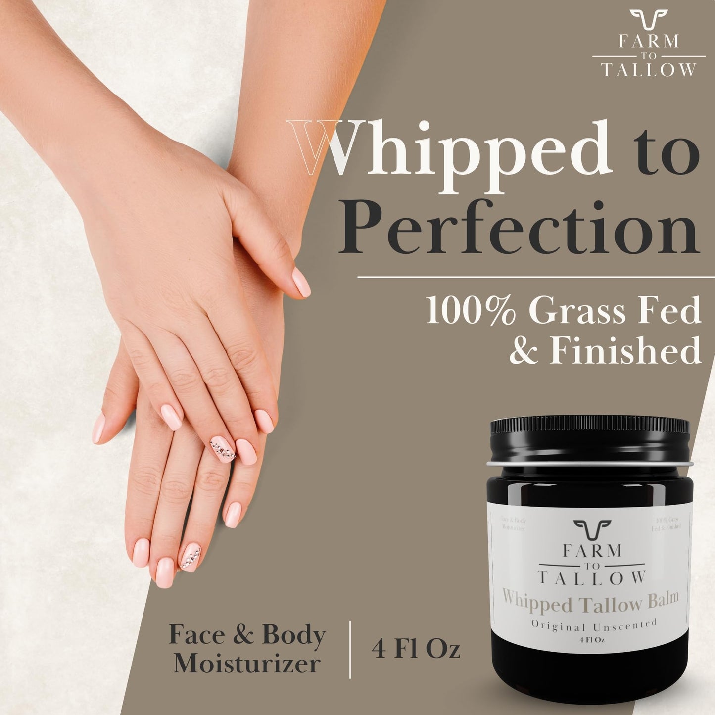 FARM TO TALLOW 100% Grass-Fed Beef Tallow Cream with Olive Oil – Unscented Natural Moisturizer for Dry, Sensitive Skin, 4oz