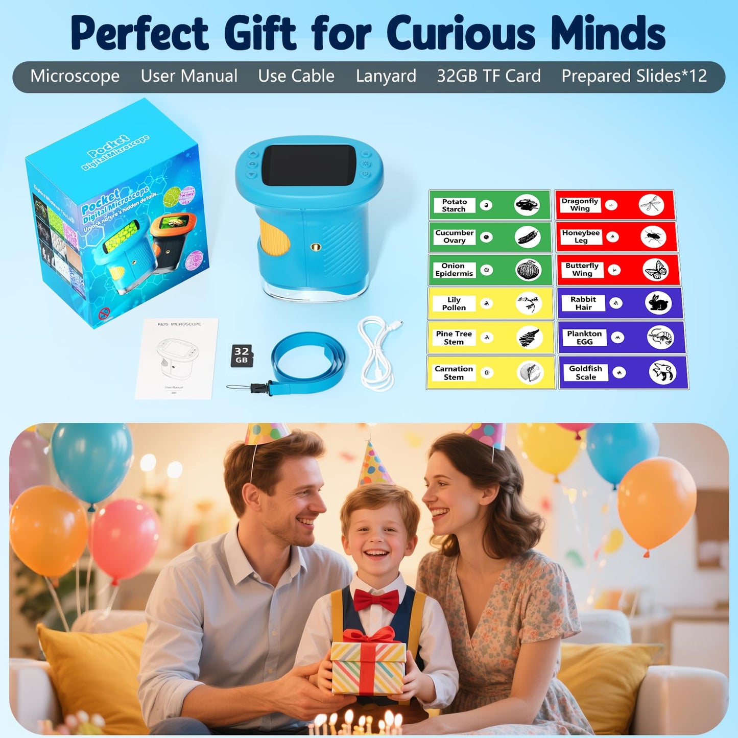 1000X Handheld Kids Microscope with 4K 2.4" Screen, 12 Slides, Portable Educational Toy Gift for Ages 3-12 (Blue)