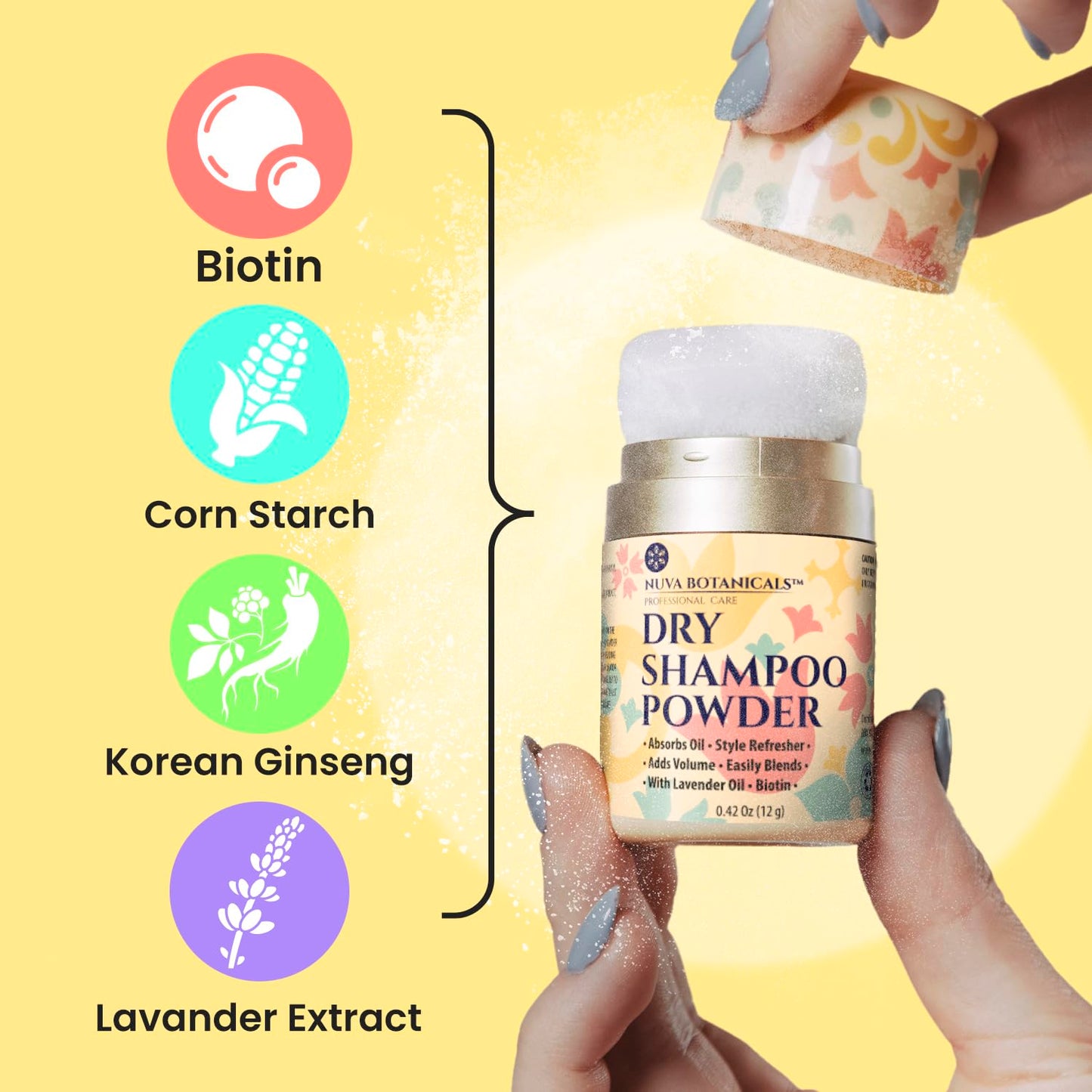 Nuva Botanicals Non Aerosol Dry Shampoo Powder with Biotin - Lavender Extract and Korean Ginseng - Volumizing Travel Size (0.42 oz) - Gifts for Her