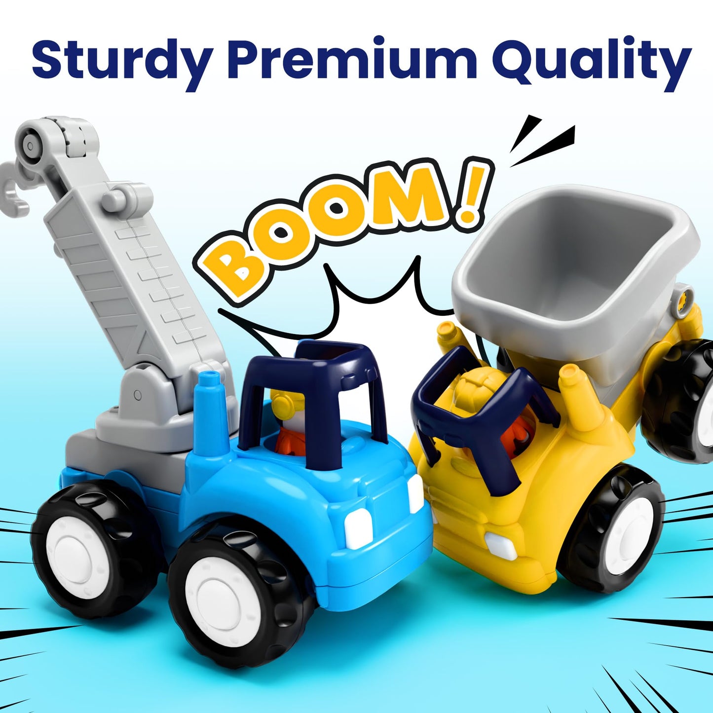 iPlay iLearn Toddler Construction Truck Set – Friction Cars, Crane, Dump & Cement Trucks, Push & Go Vehicles for 1-4 Yr Old Boys & Girls